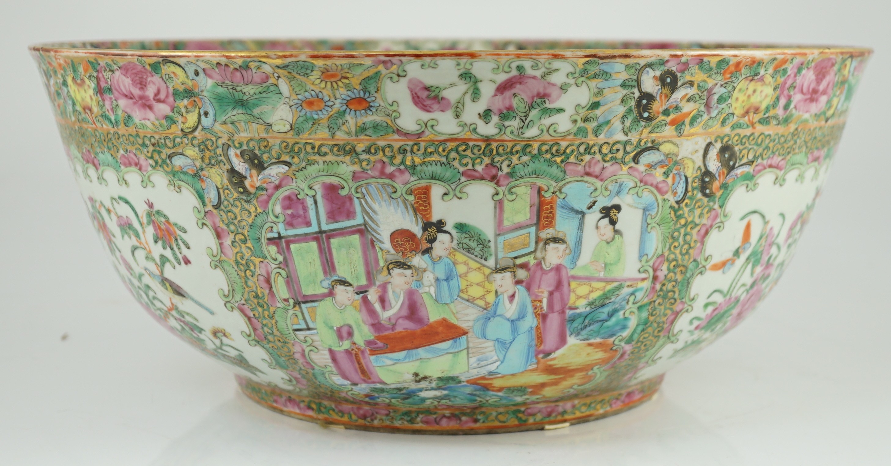 A large Chinese Canton (Guangzhou) decorated famille rose bowl, c.1830-50, 39.2cm diameter